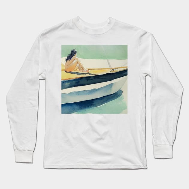 Woman Sunbathing on a Sailboat Long Sleeve T-Shirt by fistikci